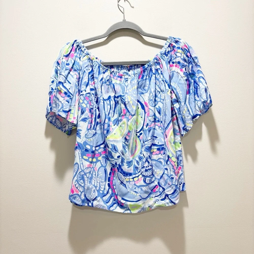 Lilly Pulitzer Sain Top in Blue Peri Pinch Pinch Off The Shoulder Coastal Preppy